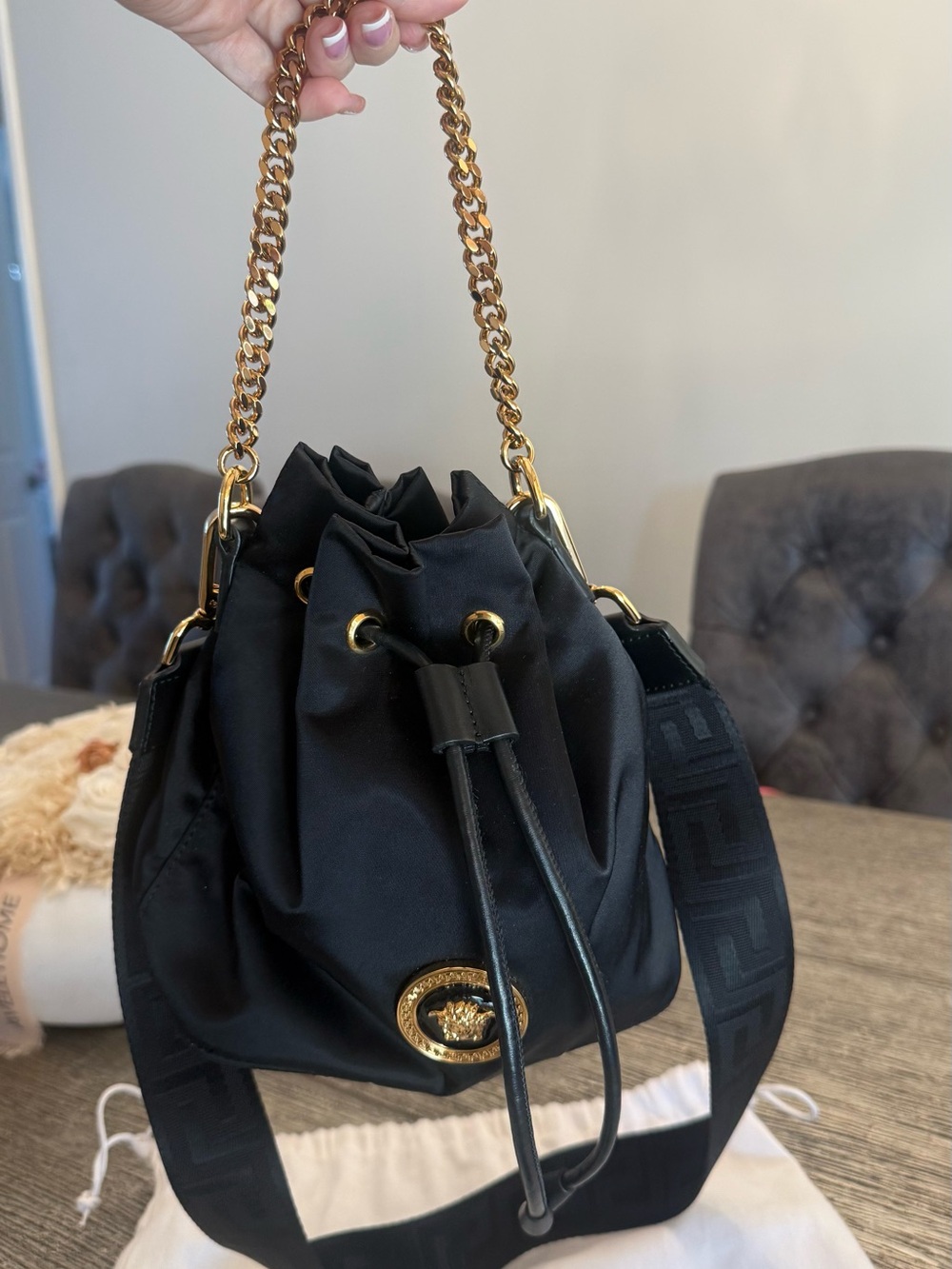 Versace Black Nylon Drawstring Bucket Bag with Gold Chain Strap